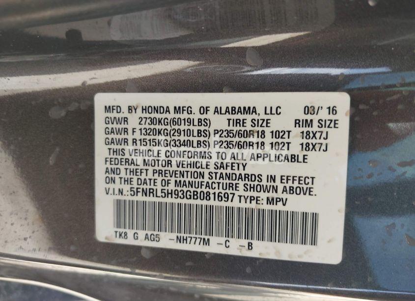 Photo 9 of 2016 Honda Odyssey TOURING/TOURING ELITE (VIN 5FNRL5H93GB081697)