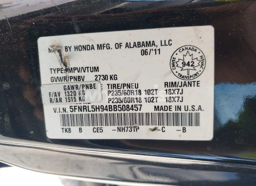 Photo 9 of 2011 Honda Odyssey TOURING/TOURING ELITE (VIN 5FNRL5H94BB508457)