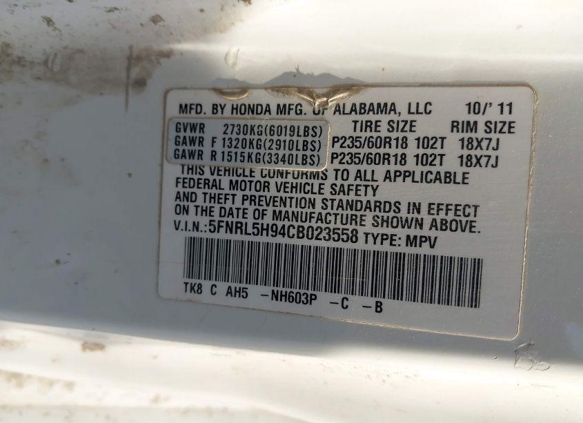 Photo 9 of 2012 Honda Odyssey TOURING/TOURING ELITE (VIN 5FNRL5H94CB023558)