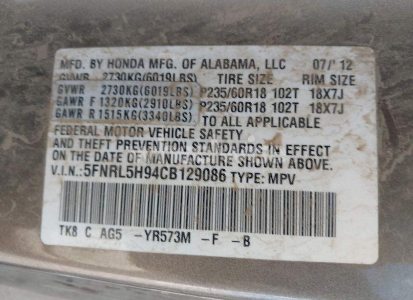 Photo 9 of 2012 Honda Odyssey TOURING/TOURING ELITE (VIN 5FNRL5H94CB129086)