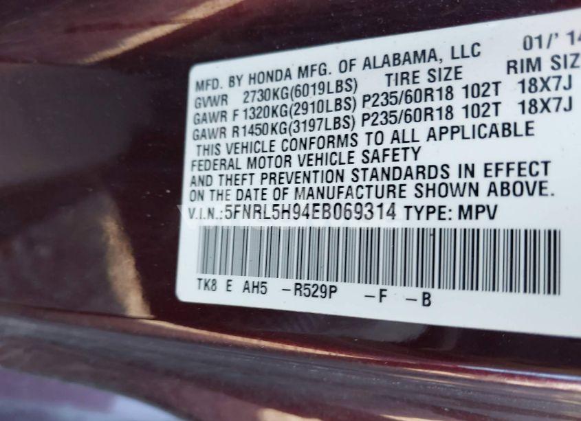 Photo 9 of 2014 Honda Odyssey TOURING/TOURING ELITE (VIN 5FNRL5H94EB069314)