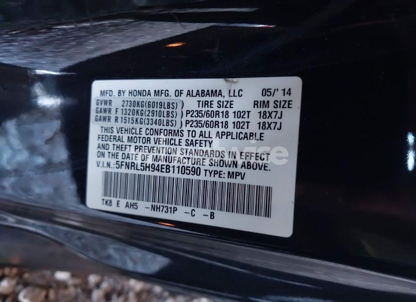 Photo 9 of 2014 Honda Odyssey TOURING/TOURING ELITE (VIN 5FNRL5H94EB110590)
