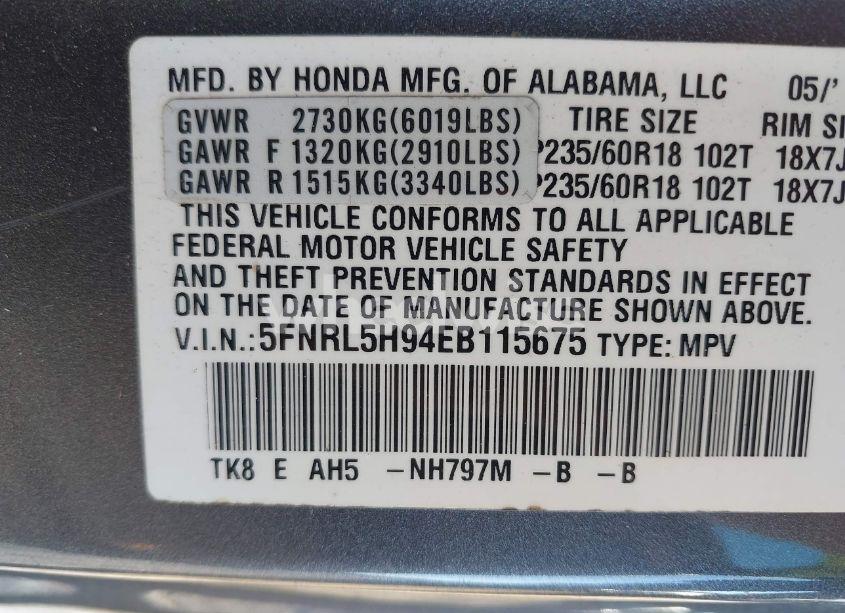 Photo 9 of 2014 Honda Odyssey TOURING/TOURING ELITE (VIN 5FNRL5H94EB115675)
