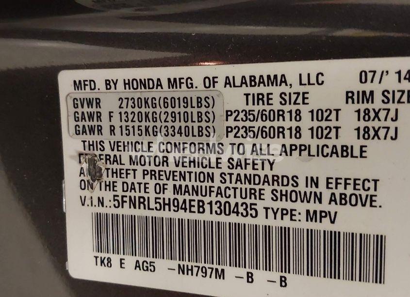 Photo 9 of 2014 Honda Odyssey TOURING/TOURING ELITE (VIN 5FNRL5H94EB130435)