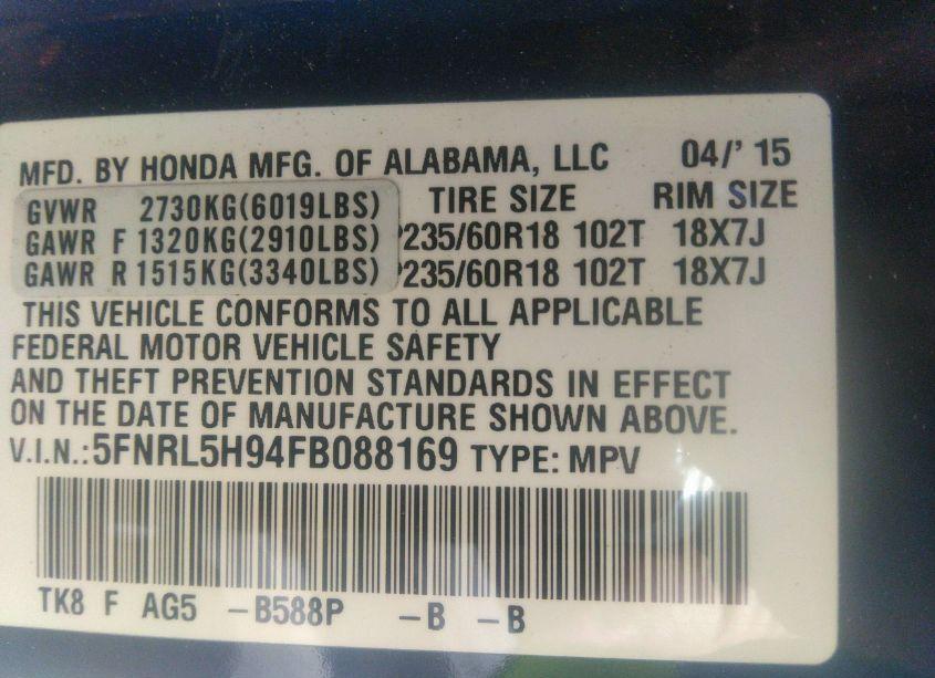 Photo 9 of 2015 Honda Odyssey TOURING/TOURING ELITE (VIN 5FNRL5H94FB088169)