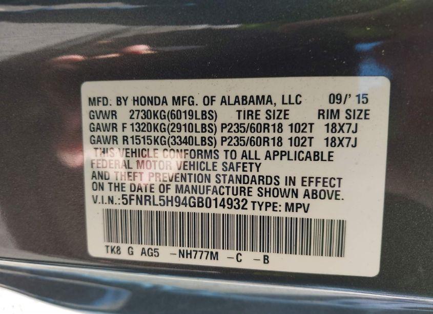 Photo 9 of 2016 Honda Odyssey TOURING/TOURING ELITE (VIN 5FNRL5H94GB014932)