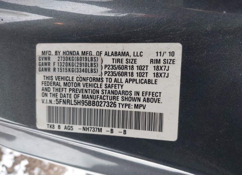 Photo 9 of 2011 Honda Odyssey TOURING/TOURING ELITE (VIN 5FNRL5H95BB027326)