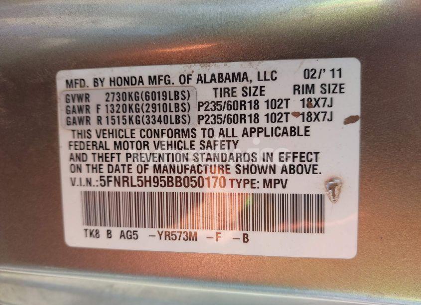 Photo 9 of 2011 Honda Odyssey TOURING/TOURING ELITE (VIN 5FNRL5H95BB050170)