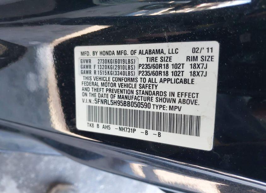 Photo 9 of 2011 Honda Odyssey TOURING/TOURING ELITE (VIN 5FNRL5H95BB050590)