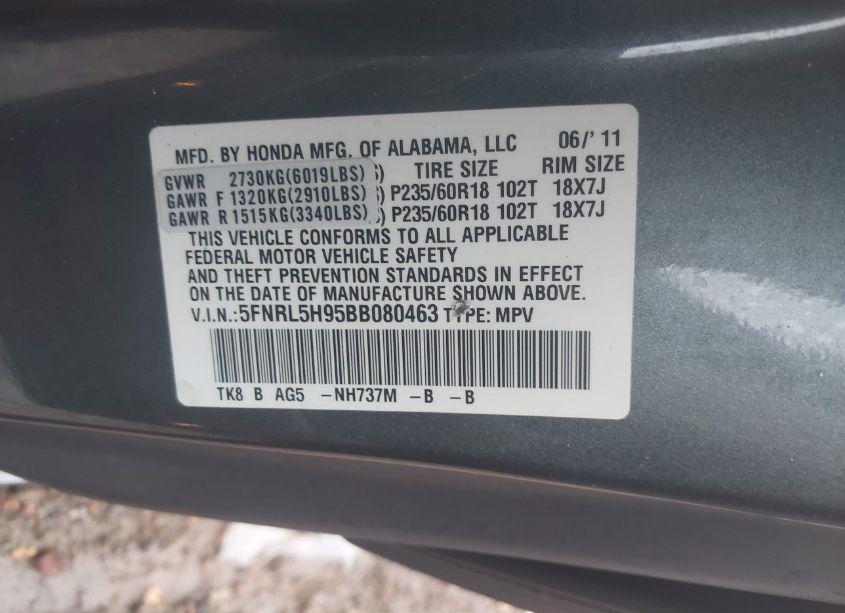 Photo 9 of 2011 Honda Odyssey TOURING/TOURING ELITE (VIN 5FNRL5H95BB080463)