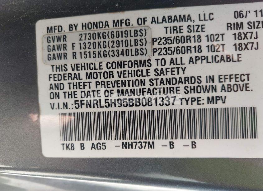 Photo 9 of 2011 Honda Odyssey TOURING/TOURING ELITE (VIN 5FNRL5H95BB081337)