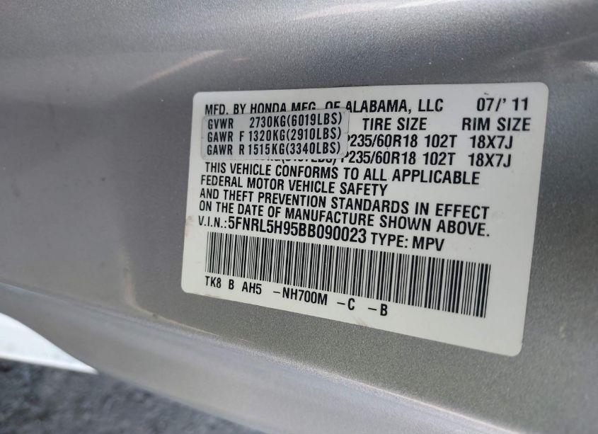 Photo 9 of 2011 Honda Odyssey TOURING/TOURING ELITE (VIN 5FNRL5H95BB090023)