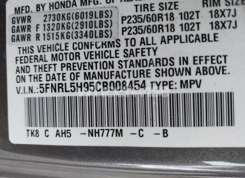 Photo 9 of 2012 Honda Odyssey TOURING/TOURING ELITE (VIN 5FNRL5H95CB008454)