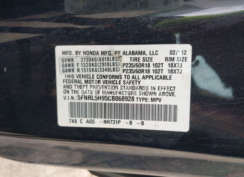 Photo 9 of 2012 Honda Odyssey TOURING/TOURING ELITE (VIN 5FNRL5H95CB068928)