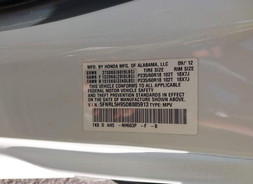 Photo 9 of 2013 Honda Odyssey TOURING/TOURING ELITE (VIN 5FNRL5H95DB005913)