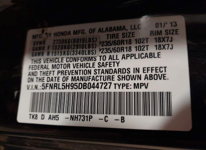 Photo 9 of 2013 Honda Odyssey TOURING/TOURING ELITE (VIN 5FNRL5H95DB044727)