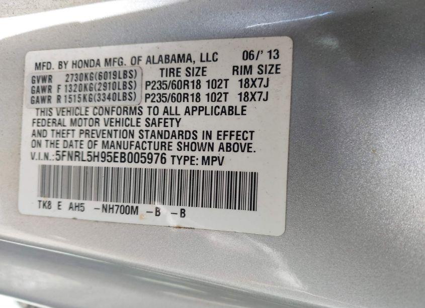 Photo 9 of 2014 Honda Odyssey TOURING/TOURING ELITE (VIN 5FNRL5H95EB005976)