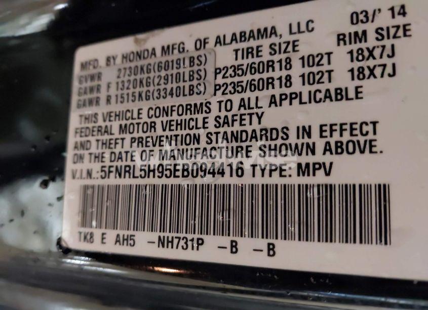 Photo 9 of 2014 Honda Odyssey TOURING/TOURING ELITE (VIN 5FNRL5H95EB094416)