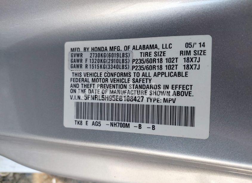 Photo 9 of 2014 Honda Odyssey TOURING/TOURING ELITE (VIN 5FNRL5H95EB108427)