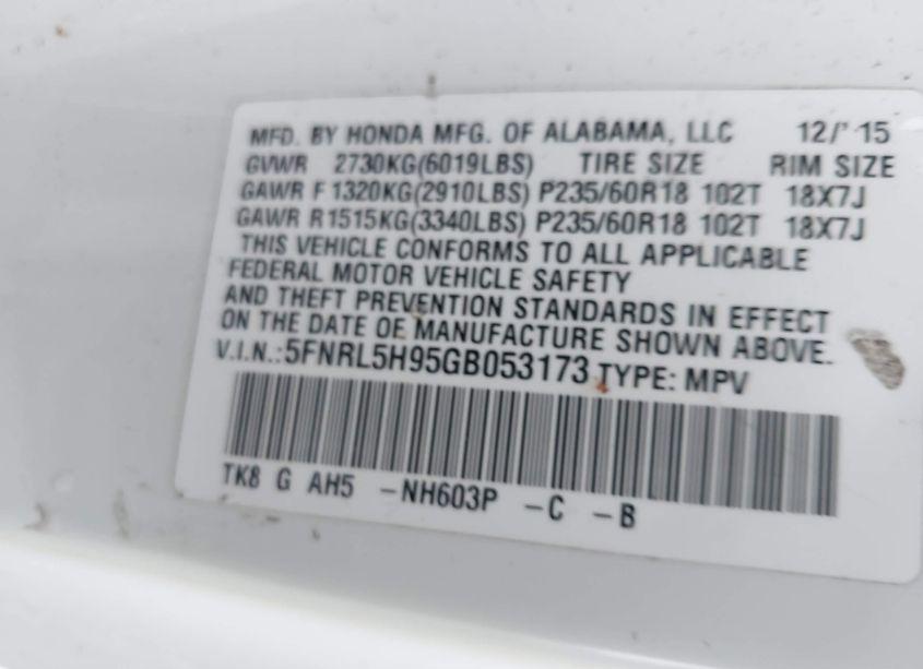 Photo 9 of 2016 Honda Odyssey TOURING/TOURING ELITE (VIN 5FNRL5H95GB053173)