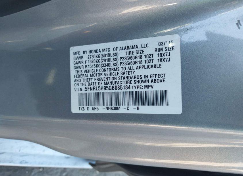 Photo 9 of 2016 Honda Odyssey TOURING/TOURING ELITE (VIN 5FNRL5H95GB085184)