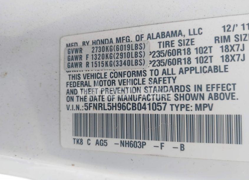 Photo 9 of 2012 Honda Odyssey TOURING/TOURING ELITE (VIN 5FNRL5H96CB041057)