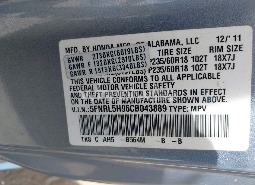 Photo 9 of 2012 Honda Odyssey TOURING/TOURING ELITE (VIN 5FNRL5H96CB043889)