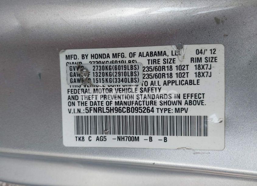 Photo 9 of 2012 Honda Odyssey TOURING/TOURING ELITE (VIN 5FNRL5H96CB095264)