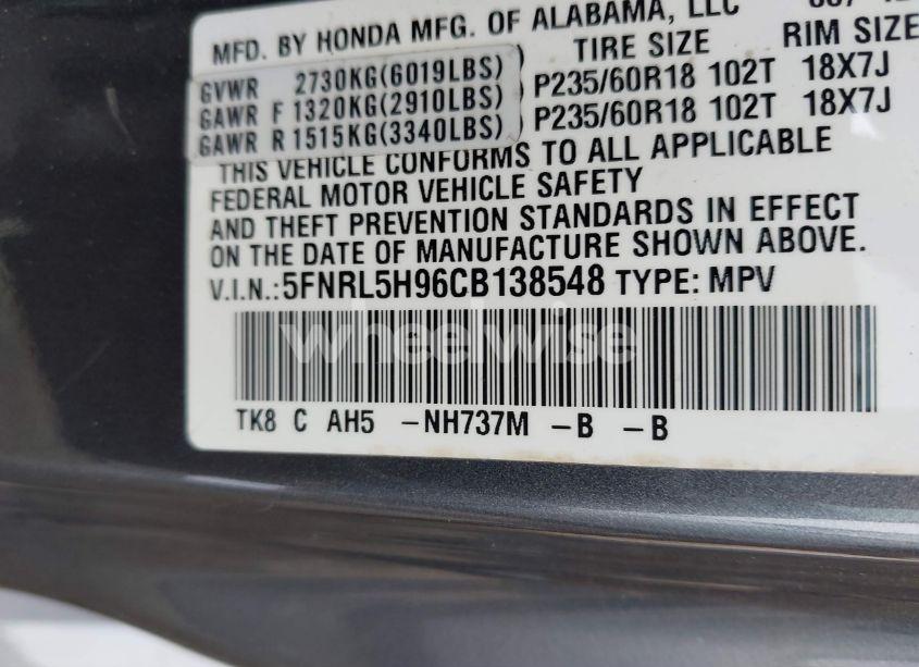 Photo 9 of 2012 Honda Odyssey TOURING/TOURING ELITE (VIN 5FNRL5H96CB138548)