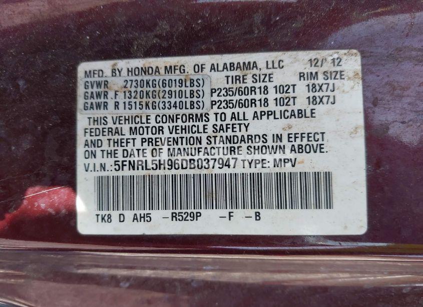 Photo 9 of 2013 Honda Odyssey TOURING/TOURING ELITE (VIN 5FNRL5H96DB037947)