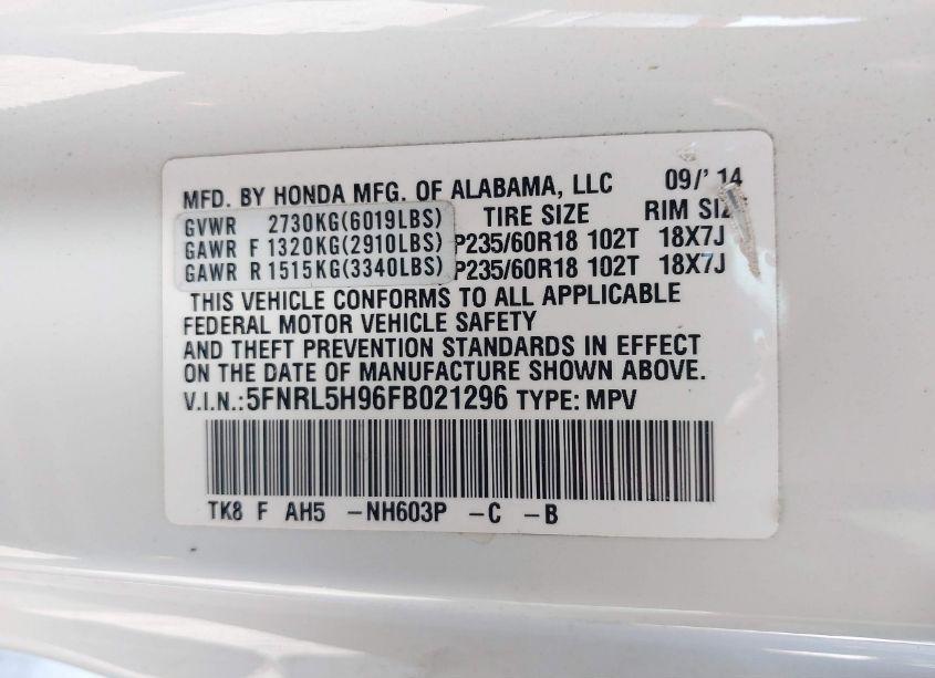 Photo 9 of 2015 Honda Odyssey TOURING/TOURING ELITE (VIN 5FNRL5H96FB021296)