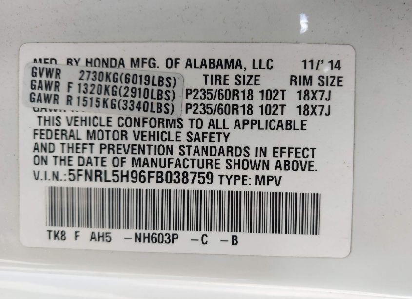 Photo 9 of 2015 Honda Odyssey TOURING/TOURING ELITE (VIN 5FNRL5H96FB038759)