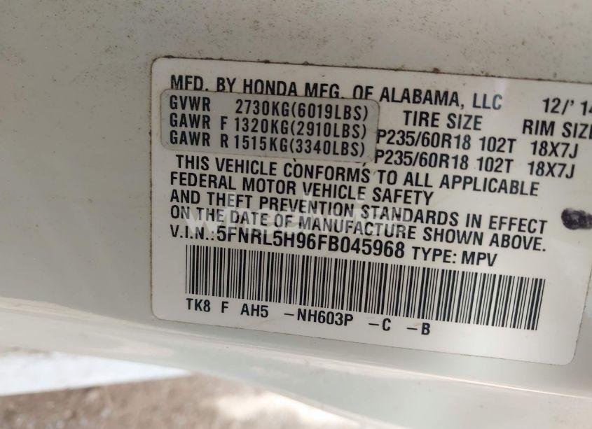 Photo 9 of 2015 Honda Odyssey TOURING/TOURING ELITE (VIN 5FNRL5H96FB045968)