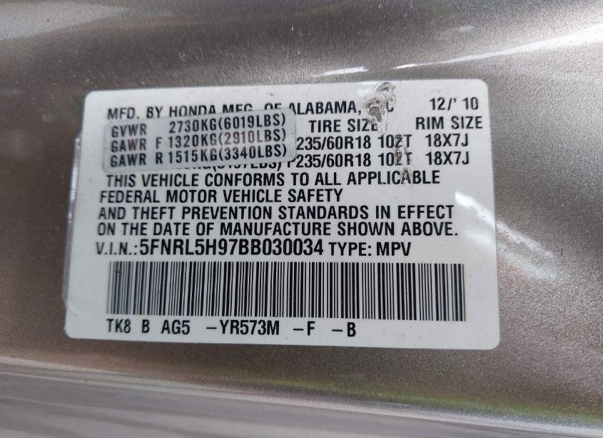 Photo 9 of 2011 Honda Odyssey TOURING/TOURING ELITE (VIN 5FNRL5H97BB030034)