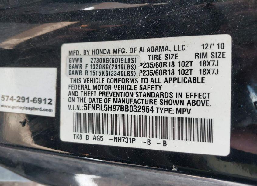 Photo 9 of 2011 Honda Odyssey TOURING/TOURING ELITE (VIN 5FNRL5H97BB032964)