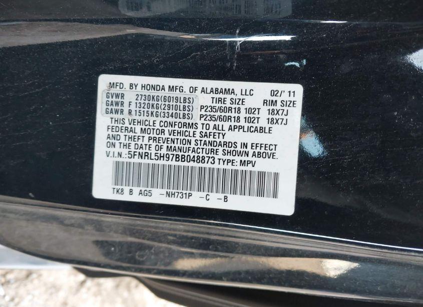 Photo 9 of 2011 Honda Odyssey TOURING/TOURING ELITE (VIN 5FNRL5H97BB048873)