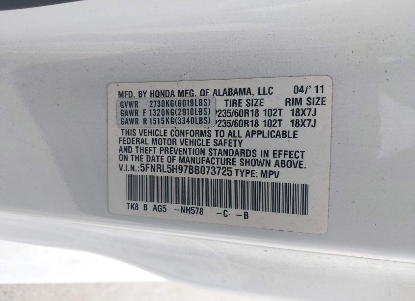 Photo 9 of 2011 Honda Odyssey TOURING/TOURING ELITE (VIN 5FNRL5H97BB073725)