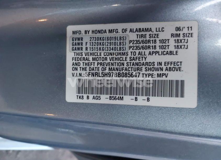 Photo 9 of 2011 Honda Odyssey TOURING/TOURING ELITE (VIN 5FNRL5H97BB085647)