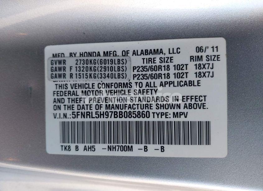 Photo 9 of 2011 Honda Odyssey TOURING/TOURING ELITE (VIN 5FNRL5H97BB085860)