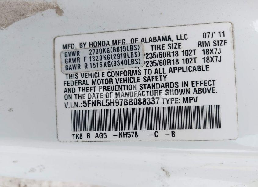 Photo 9 of 2011 Honda Odyssey TOURING/TOURING ELITE (VIN 5FNRL5H97BB088337)