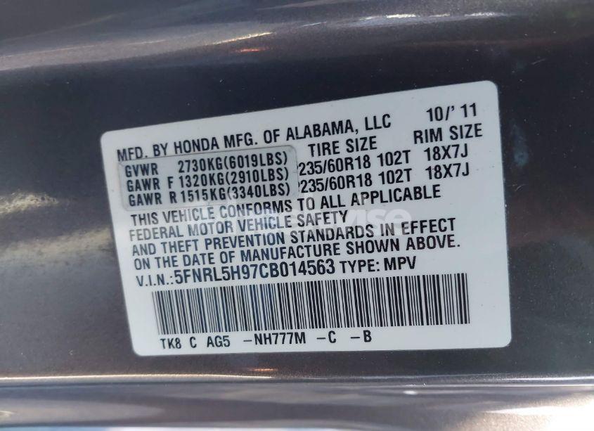 Photo 9 of 2012 Honda Odyssey TOURING/TOURING ELITE (VIN 5FNRL5H97CB014563)