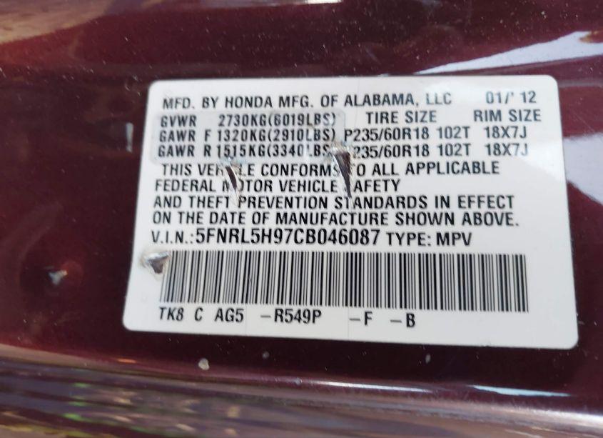 Photo 9 of 2012 Honda Odyssey TOURING/TOURING ELITE (VIN 5FNRL5H97CB046087)