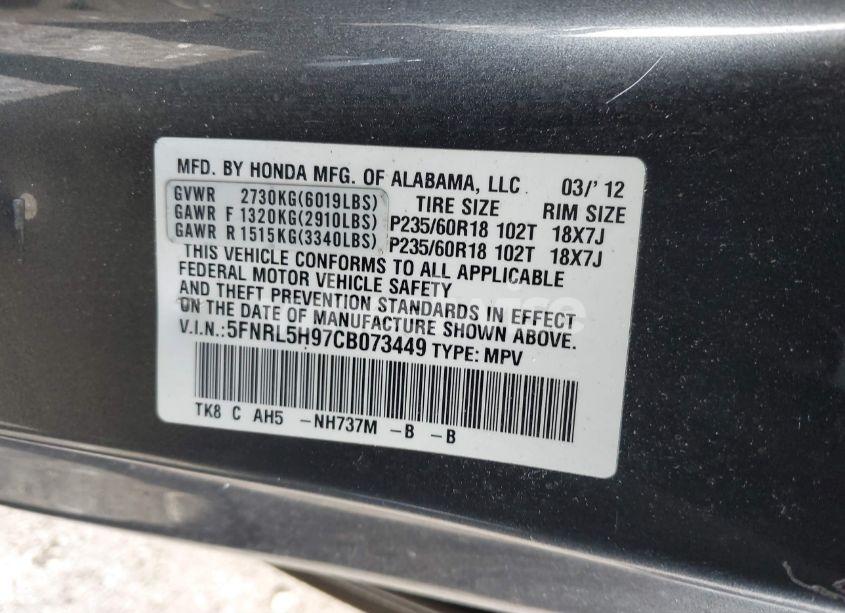 Photo 9 of 2012 Honda Odyssey TOURING/TOURING ELITE (VIN 5FNRL5H97CB073449)