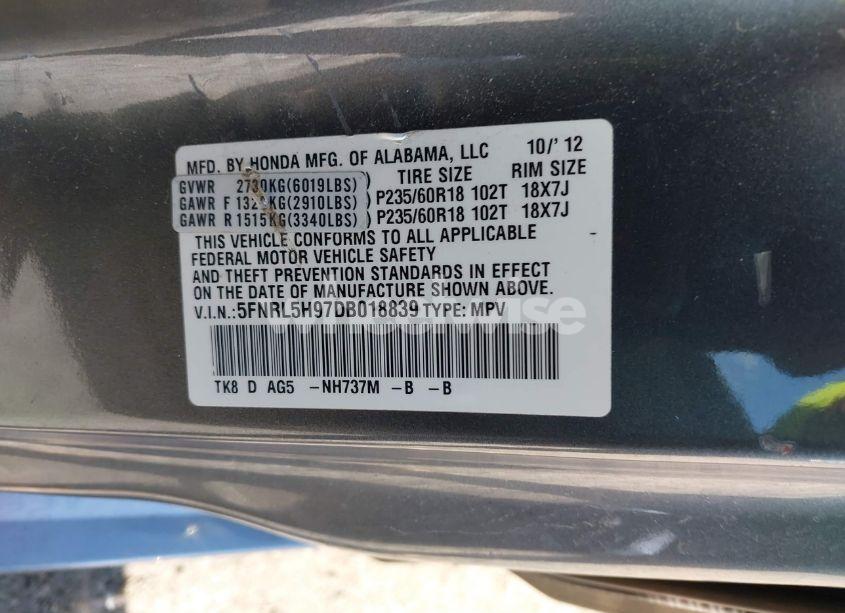 Photo 9 of 2013 Honda Odyssey TOURING/TOURING ELITE (VIN 5FNRL5H97DB018839)