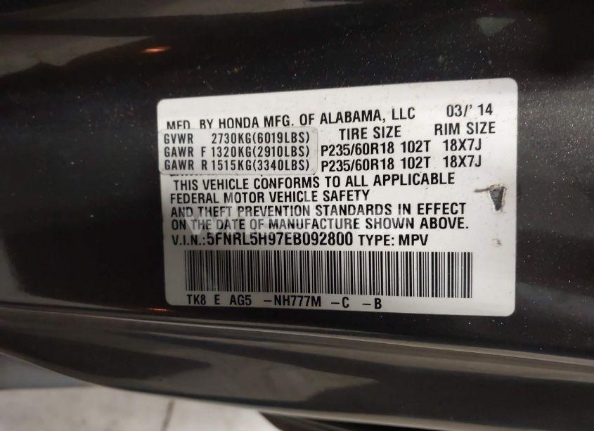 Photo 9 of 2014 Honda Odyssey TOURING/TOURING ELITE (VIN 5FNRL5H97EB092800)