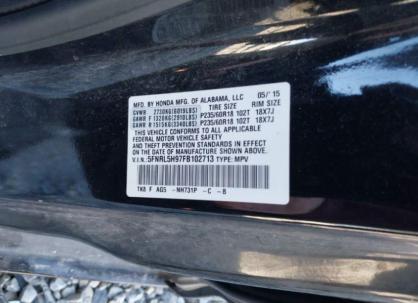 Photo 9 of 2015 Honda Odyssey TOURING/TOURING ELITE (VIN 5FNRL5H97FB102713)