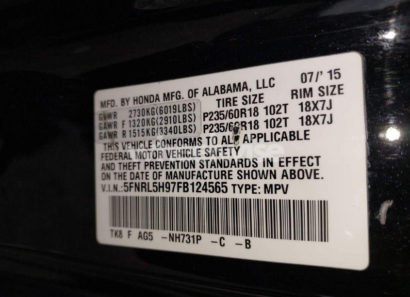 Photo 9 of 2015 Honda Odyssey TOURING/TOURING ELITE (VIN 5FNRL5H97FB124565)