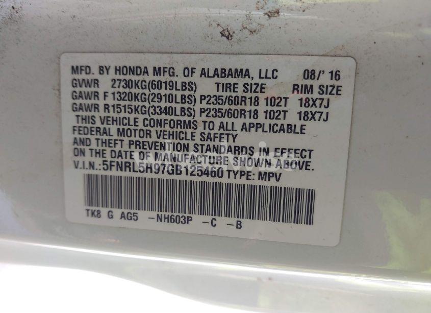 Photo 9 of 2016 Honda Odyssey TOURING/TOURING ELITE (VIN 5FNRL5H97GB125460)