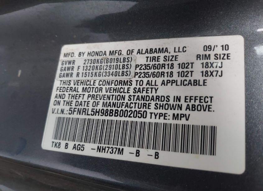 Photo 9 of 2011 Honda Odyssey TOURING/TOURING ELITE (VIN 5FNRL5H98BB002050)