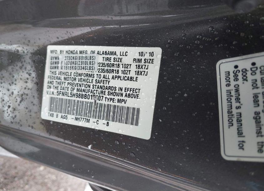 Photo 9 of 2011 Honda Odyssey TOURING/TOURING ELITE (VIN 5FNRL5H98BB015607)